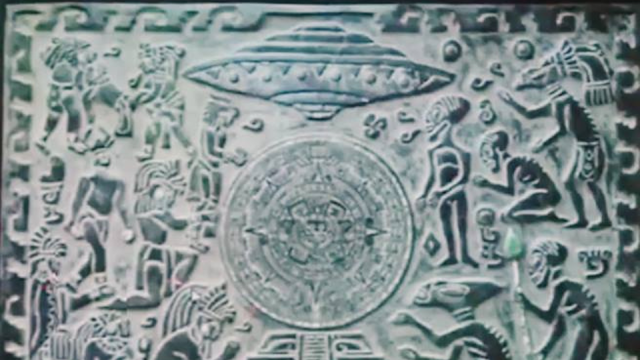 Ancient Mayan carved relief's of flying saucers and warriors repelling flying saucers with spears.