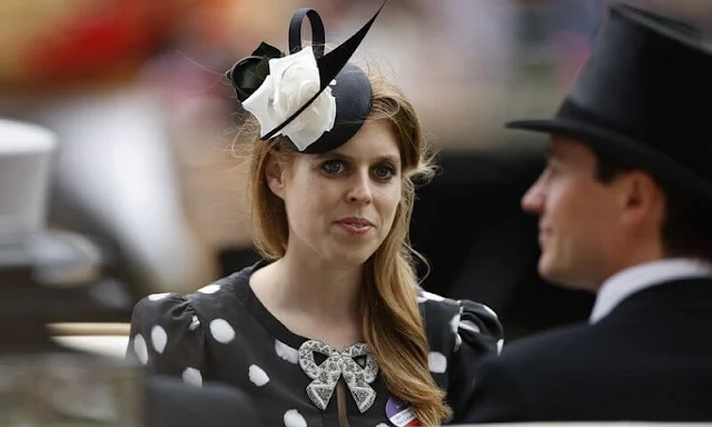 Princess Beatrice wore a Jaime crystal-bow polka-dot silk-crepe midi dress by Saloni, and her Jimmy Choo Romy pumps