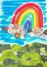 Invitation to create with buttons- make button art collages with the kids- rainbow