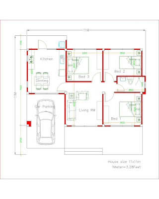 Plan de maison simples 11 × 11 avec 3 chambres