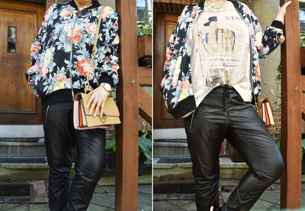 Outfit with black leather imitate pants Zarah of myonbelle and flower printed bomberjacket  - fashion blogger Annie K, founder, CEO and writer of ANNIES BEAUTY HOUSE