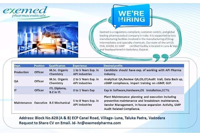 Exemed Pharmaceuticals | Hiring for Production/QA/IT at Vadodara | Send CV 