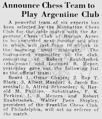 1922, Chess Team to Play Argentine Club