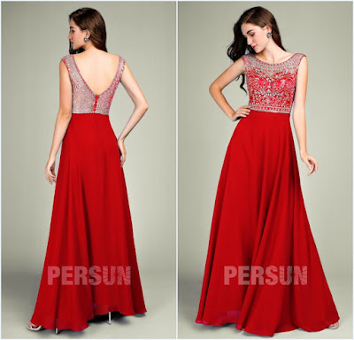 robe de soirée rouge longue embelli de strass pour mariage invité