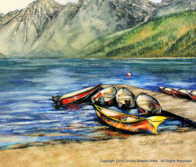 canoes and motorboats at the Apgar Village Dock, Lake McDonald, Glacier National Park, Montana watercolor landscape by Christy Sheeler