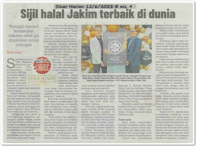 Bukan Islam 'buru' sijil halal ; 72 peratus milik bukan bumiputera - Keratan akhbar Sinar Harian 12 Jun 2023