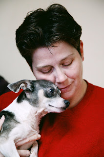 Chihuahua cross cuddling into owners neck lovingly