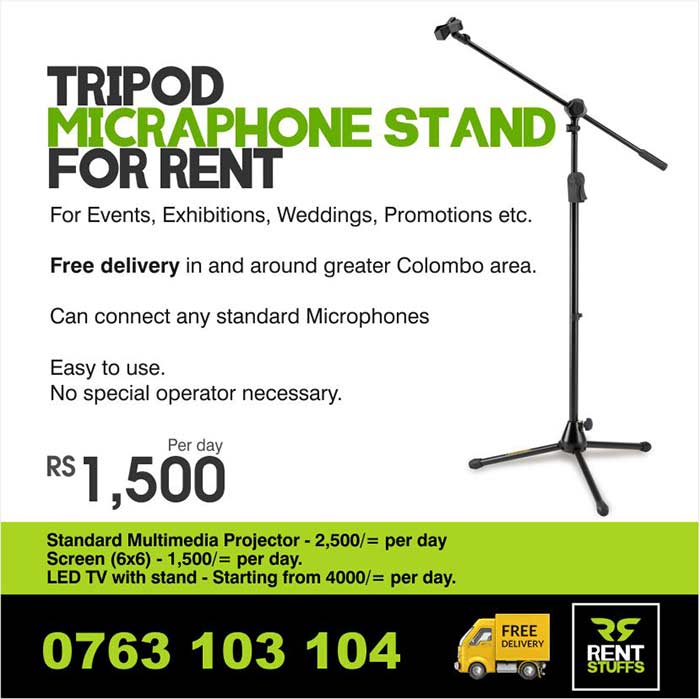 Tripod Microphone Stand For Rent. ( Without microphone )   For Events, Exhibitions, Weddings, Promotions etc.  Can connect any standard Microphones  Rent per day 1500/=  Easy to use. No special operator necessary.  Free delivery in and around greater Colombo area.  #microphonestand #mic #microphone #rentstuffs #sound