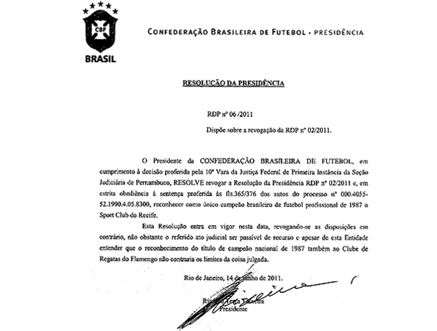 Documento mostrando que o Sport é o campeão de 1987