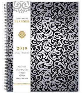 Planner 2019 - Weekly & Monthly Planner with 12 Monthly Tabs, January 2019 - December 2019, Twin-Wire Binding, 8.5" x 11", Black Flowers