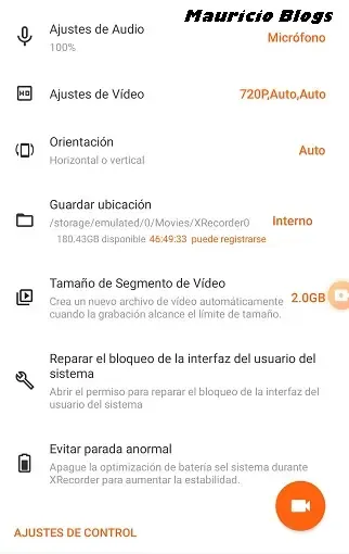 Menu de configuración de XRecorder