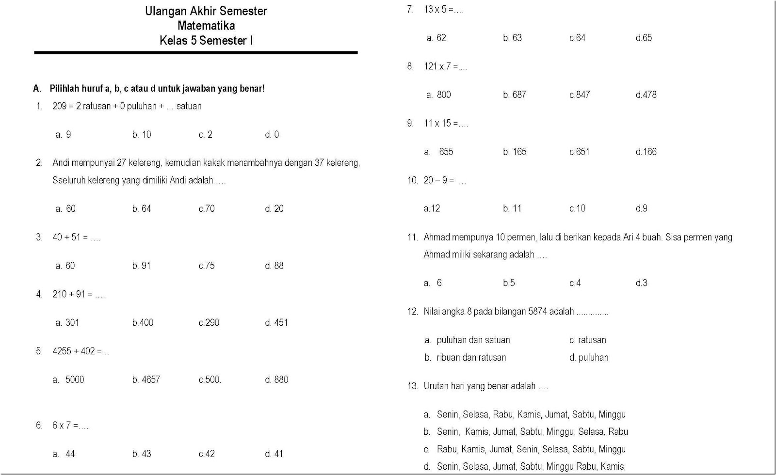 Soal Uas Matematika Semester 1 Kelas 5 Sd Mi