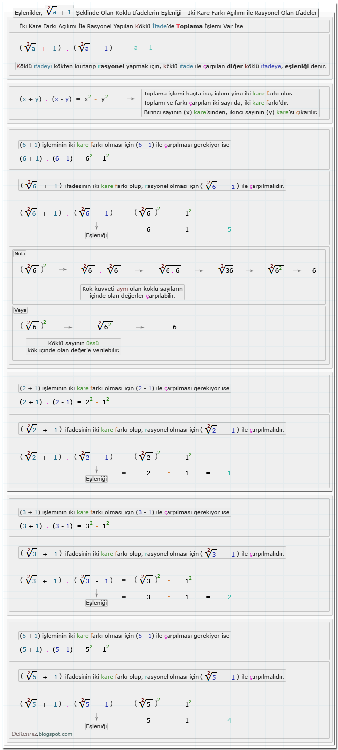 Örnek-13 » √a + 1 şeklinde olan köklü ifadeleri iki kare farkına dönüştüren eşleniği ile çarpmak.