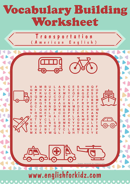 Printable transport word search worksheet for ESL students