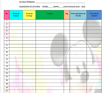 Calendario de Lecturas - Formato para Escuela Primaria