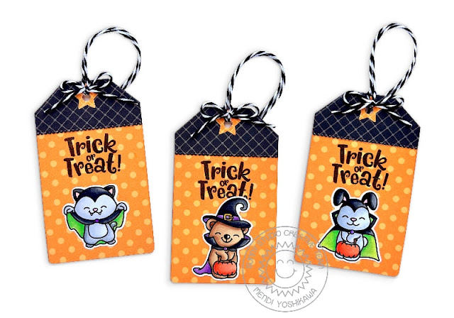 Sunny Studio Halloween Critter Gift Tags (using Too Cute To Spook Stamps, Mini Mat & Tag 2 and 3 Dies, Polka-dot Parade & Classic Sunburst Paper)