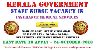Kerala Govt Staff Nurse Vacancy in Insurance Medical Services 2018