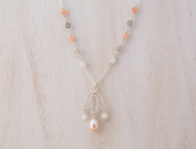handmade pearl tulip chandelier pendant necklace sterling silver soldered peach grey white moonstone gemstone crystal statement necklace bridal wedding