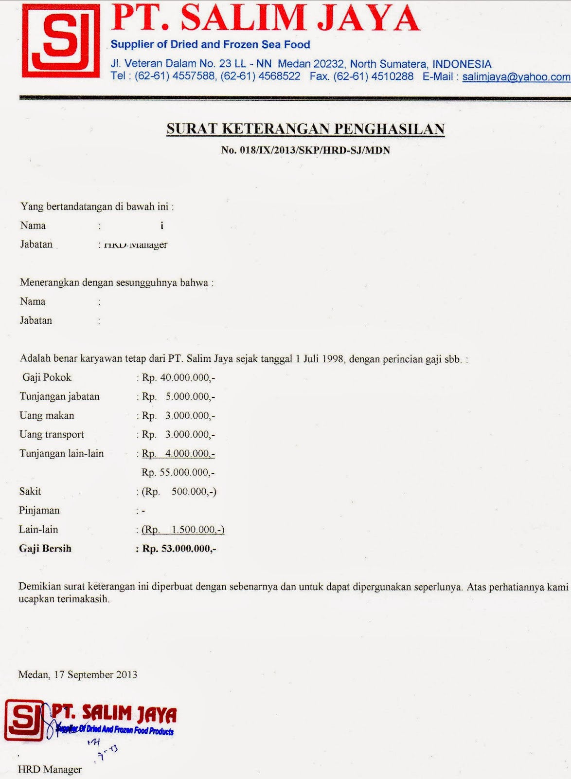 Contoh Surat Penahanan Gaji Swasta