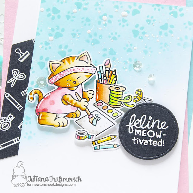 Feline Meow-tivated Card by Tatiana Trafimovich | Newton's Crafty Cardio Stamp Set, Petite Pawprints Stencil and Circle Frames Die Set by Newton's Nook Designs #newtonsnook #handmade