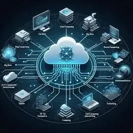 Cloud Computing Technologies Diagram showing cloud computing at the center connecting to Big Data, AI, IoT, Edge, and Fog