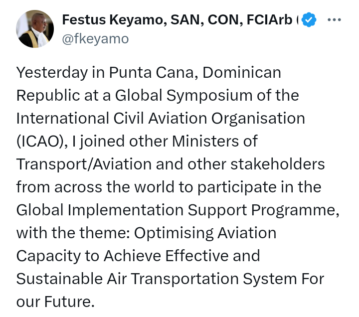 Nigeria's Minister of Aviation and Aerospace Development, Festus Keyamo, SAN, at the Global Symposium of the International Civil Aviation Organisation (ICAO) in Punta Cana, Dominican Republic