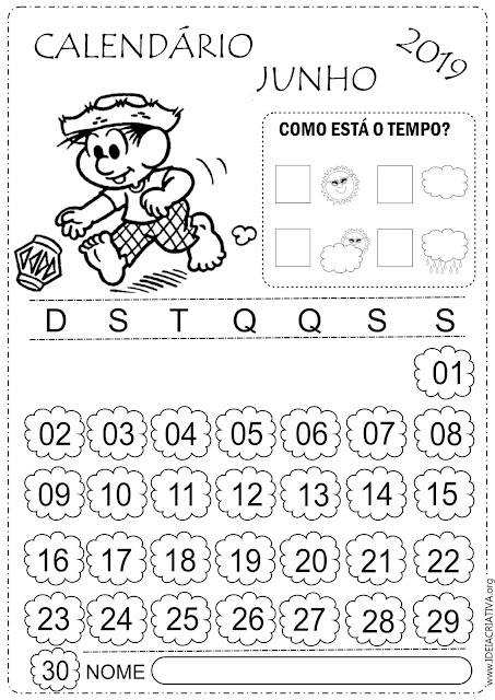 Calendários escolares Junho 2019 para imprimir e colorir