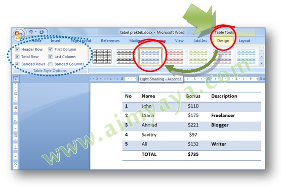 Gambar: Cara cepat mengatur format tampilan tabel di Microsoft Word