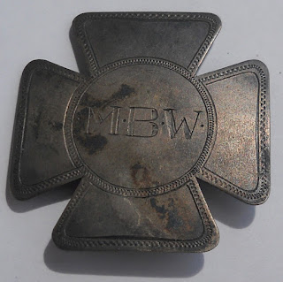 Swedish .830 Silver Badge-Medal-Pin-Brooch. Made in 1921 by Ullner Carl, Malmo Sweden. Maltese Cross-Cross Pattee variation shape. Engraved with wiggle work outlining and initials M.B.W. on front. Engraved on back: Hillivi, 2-15-1921. Fully hallmarked.     