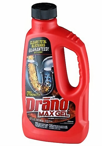 A red bottle of the drain cleaner Drano.