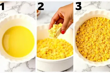 "Step-by-step images of making Scalloped Corn, including mixing the corn, adding the topping, and the finished dish fresh out of the oven.
