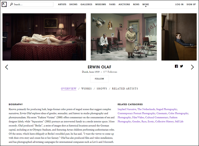 Screenshot of Erwin Olaf page on artsy.net