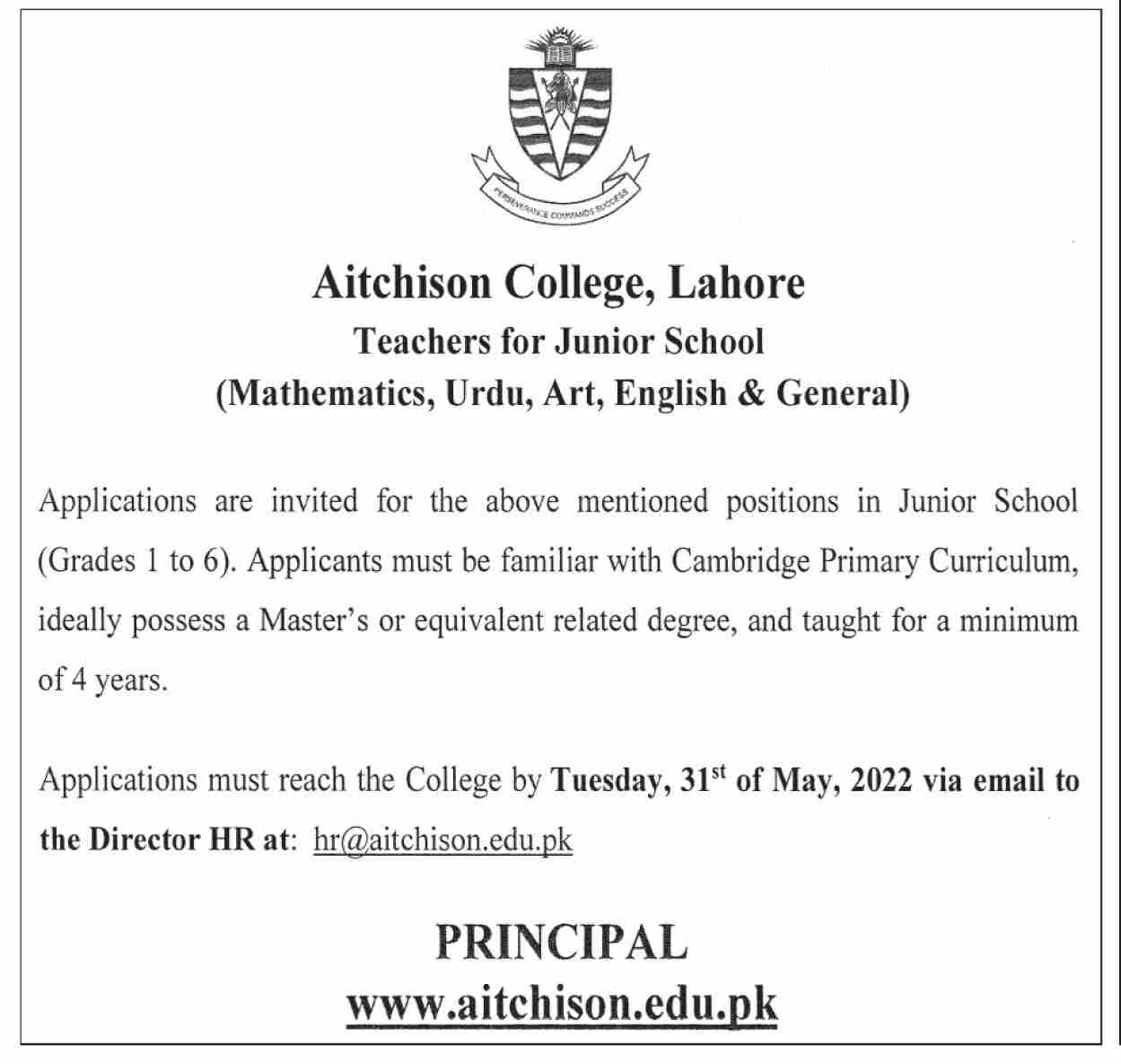 Latest Aitchison College Teaching Posts Lahore 2022