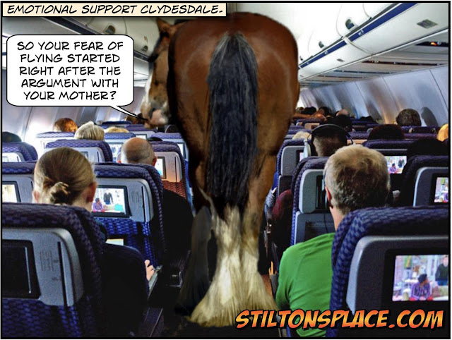 stilton’s place, stilton, political, humor, conservative, cartoons, jokes, hope n’ change, service animal, emotional support, animal, horse, flight