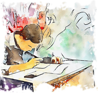 A watercolour of a man writing