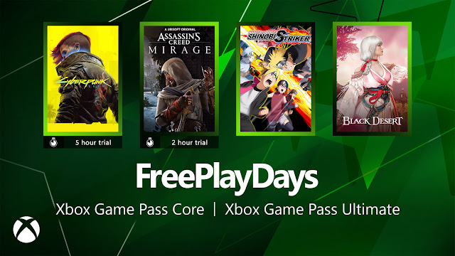 assassin's creed mirage black desert cyberpunk 2077 naruto to boruto shinobi striker xbox game pass core ultimate free play days event xb1 xsx/s