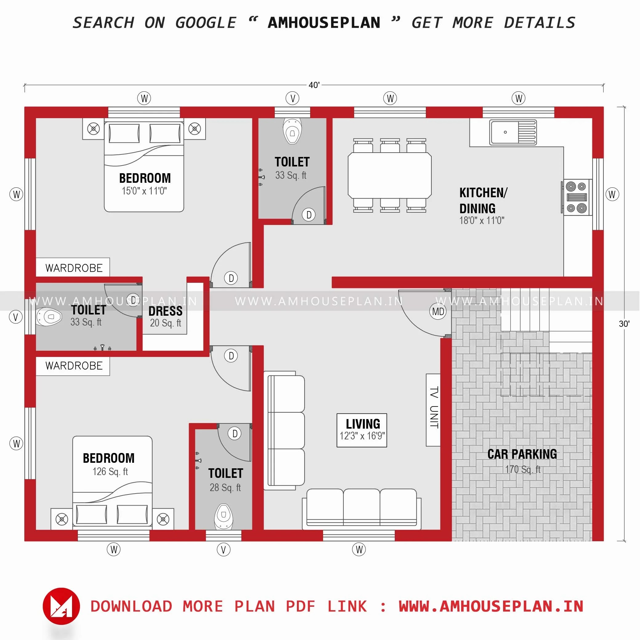 40 x 30 House plan | 2bhk | Car parking | 2023