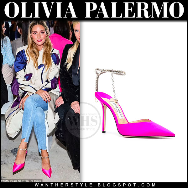 Olivia Palermo in white blue printed coat and fuchsia pumps
