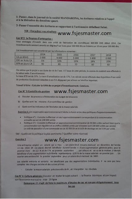 Exemple Concours Master Audit et Contrôle de Gestion 2017-2018 - Fsjes Mohammedia