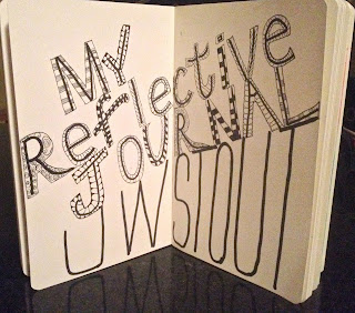 Picture of open Moleskine Journal with title, "My Reflective Journal, UW Stout" created in ink and designs