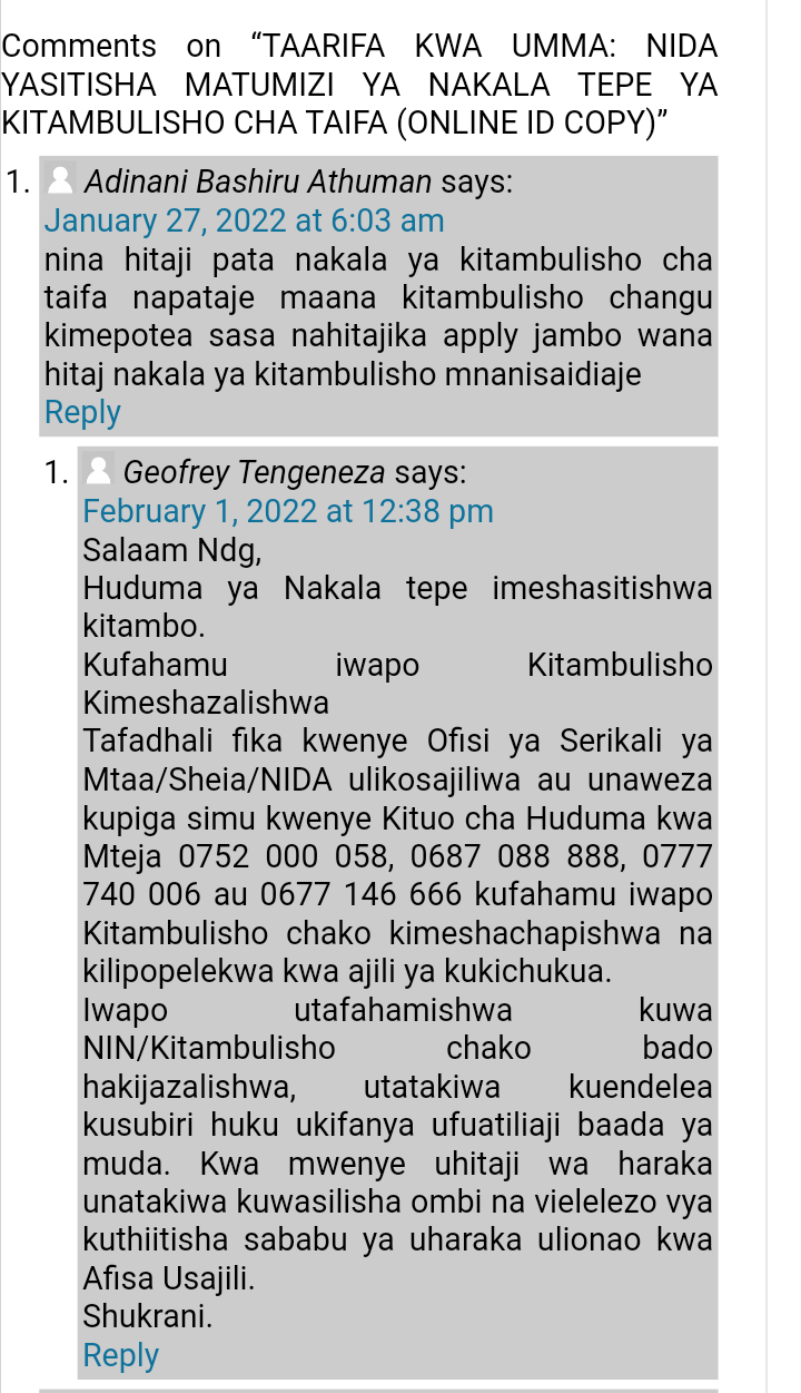 NIDA Online Copy - Nakala Ya Kitambulisho Cha NIDA 2022