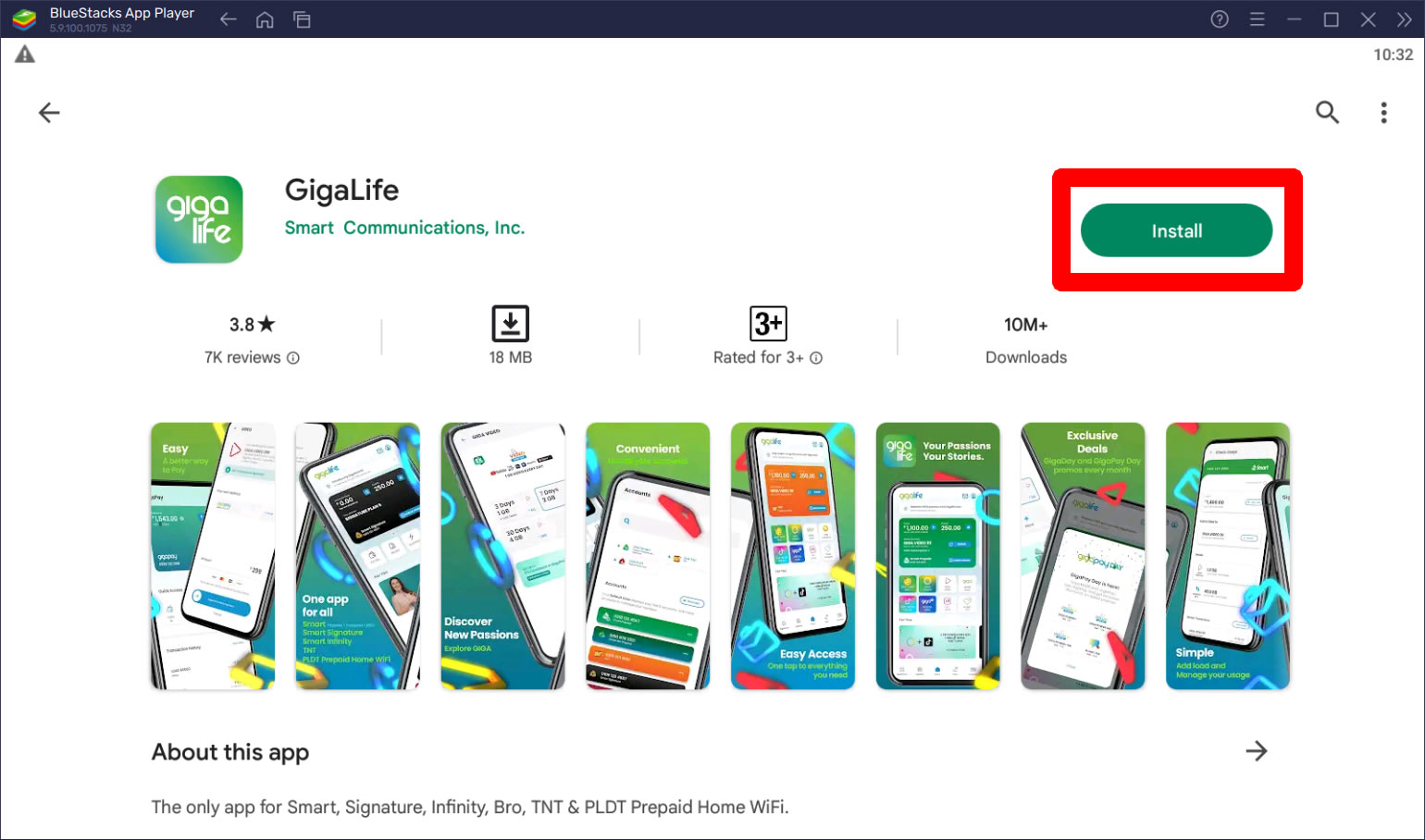 install gigalife app bluestacks