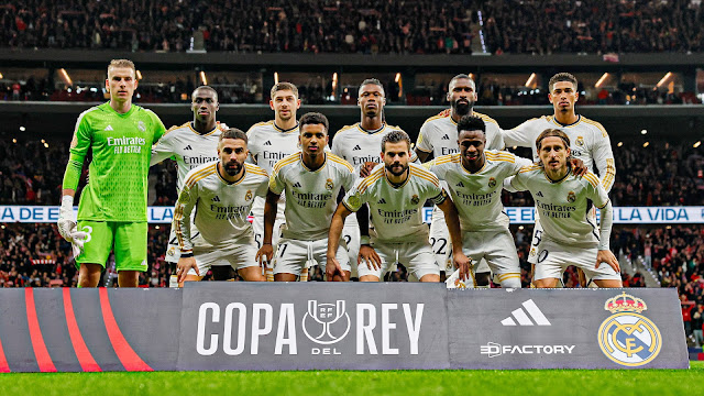 📸REAL MADRID C. F. 📆18 enero 2024 ⬆️Andriy Lunin, Ferland Mendy, Fede Valverde, Eduardo Camavinga, Antonio Rüdiger, Jude Bellingham. ⬇️Dani Carvajal, Rodrygo Goes, Nacho, Vinícius, Luka Modrić. CLUB ATLÉTICO DE MADRID 4 🆚 REAL MADRID C. F. 2 Jueves 18/01/2024, 21:30 horas. Copa del Rey, octavos de final, partido único. Madrid, estadio Civitas Metropolitano: 67.623 espectadores. GOLES: ⚽1-0: 39’, Samuel Lino. ⚽1-1: 45+1’, Jan Oblak, en propia puerta. ⚽2-1: 57’, Álvaro Morata. ⚽2-2: 82’, Joselu. ⚽3-2: 100’, Antoine Griezmann. ⚽4-2: 119’, Rodrigo Riquelme.