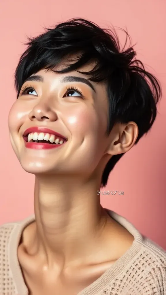 A woman with a pixie cut, showcasing a chic jet black hairstyle that frames her face.