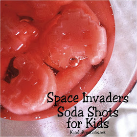 Let your little guests fire away at the Space Invaders at their next arcade or video game party with this deliciously, easy Soda shot.  Filled with Koolaid ice cubes and 7-up it is perfect for downing the bad guys and filling up.