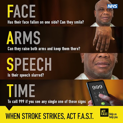 Signs of a stroke - act FAST face arms speech communication