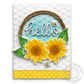 Sunny Studio Stamps: Sunflower Fields Layered Flower Wreath Style Card (using Hello Word Die, Lots of Dots Polka-dot 6x6 Embossing Folder & Classic Gingham Paper)