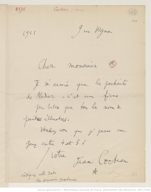 Lettre adressée par Cocteau à Nadar