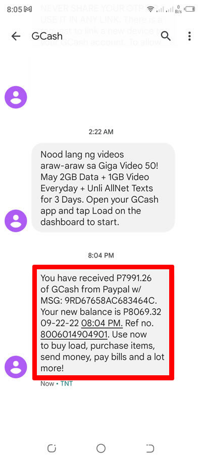 gcash sms regarding funds received via paypal