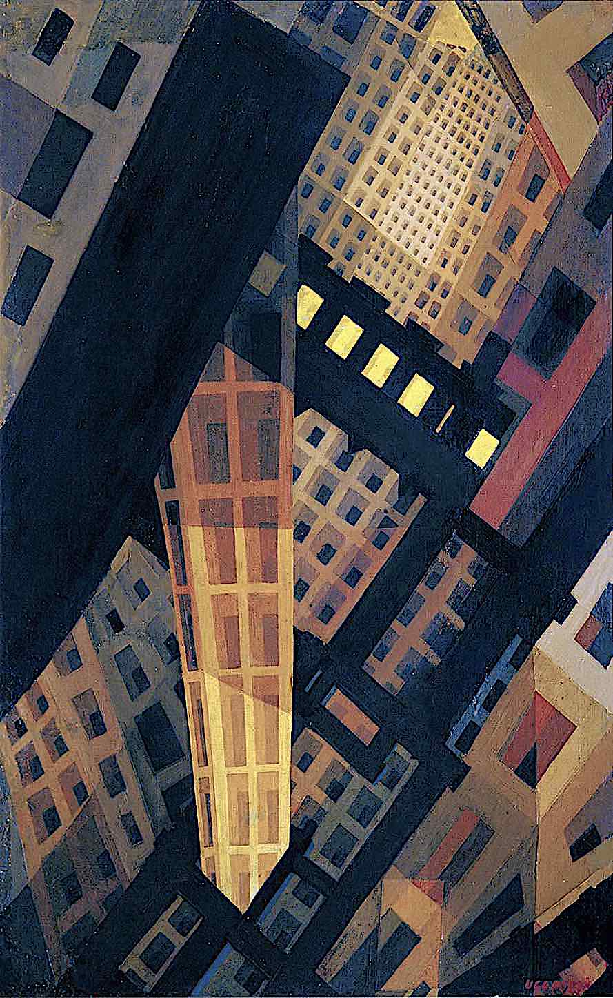 an Ugo Pozzo painting of crazy slanted urban buildings